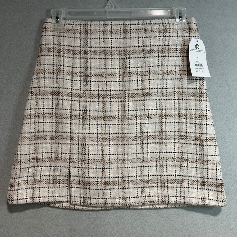 Womens Tweed Mini Skirt Size 4 Beige Tan‎ Plaid Front Slit Neutral Minimalist